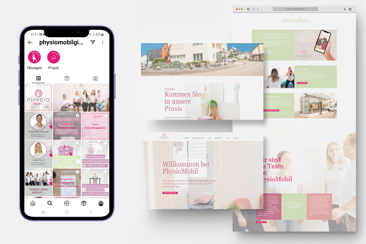 Webdesign, Social Media und Printdesign für Physio Mobil in Gippingen - Screenshots von Website und Instagram-Profil